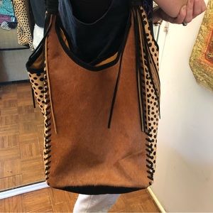 Lovestitch Premium Suede Leather Tote Shoulder Bag - leopard print, fringe